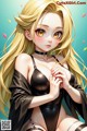 Anime girl with long blonde hair wearing a black lingerie.