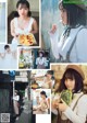 A collage of photos of a woman eating food.