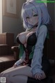 Anime girl with big tits sitting on a couch.