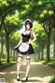 A woman in a maid outfit standing in a park.